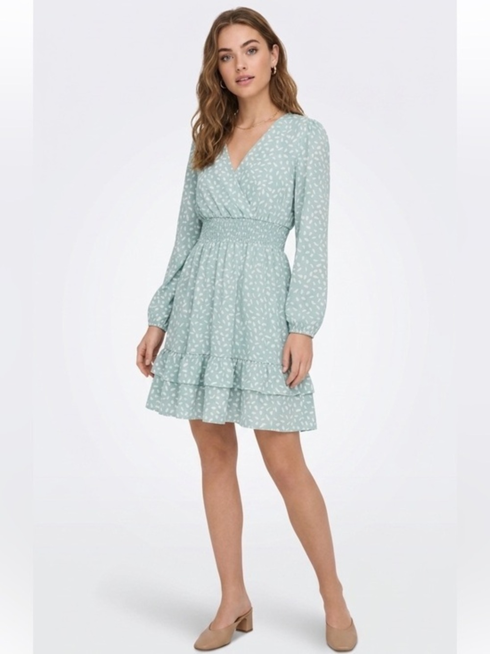 Blue & White Long Sleeve Smocked Waist Mini Dress Dot Print Size Large